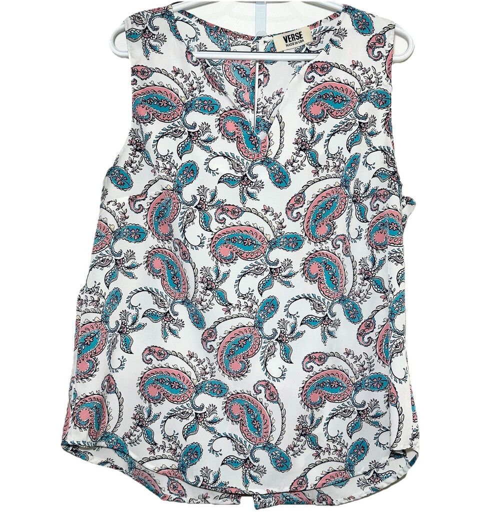 VERSE Paisley Sleeveless Blouse Large Pink Blue Lightweight Boho USA